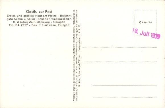 Postcard Eningen unter Achalm am Albtrauf, aerial photograph, Gasthaus zur Post