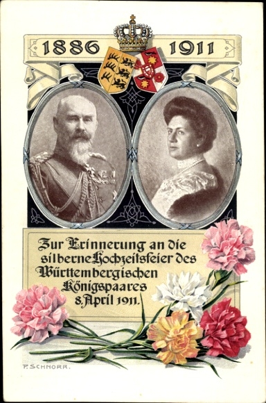 Artist Postcard Schnorr, King Wilhelm II of Württemberg, Queen Charlotte, Silver Wedding 1911, Coat of Arms