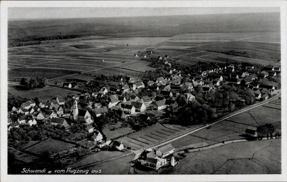 Postcard Schwendi, aerial photograph of the town, villas