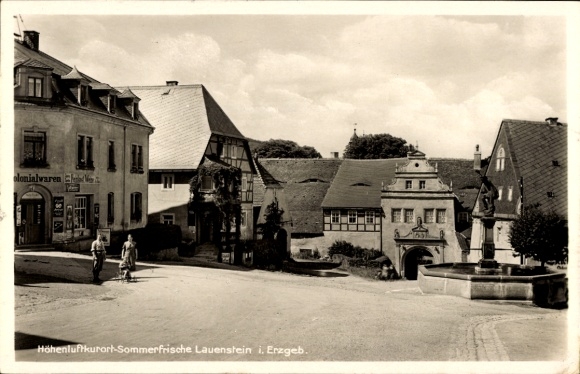 Postcard Lauenstein Altenberg in the Ore Mountains, fountain, grocery store