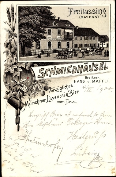 Chromo-Litho Freilassing, Inn Schmiedhäusel, owner Hans v. Maffei, Munich Löwenbräu beer barrel