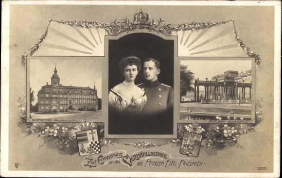 Postcard Prince Eitel Friedrich of Prussia, Sophie Charlotte of Oldenburg, residential palace, city palace