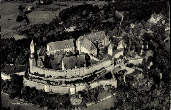 Postcard Coburg in Upper Franconia, aerial photograph of the Veste castle complex, black and white