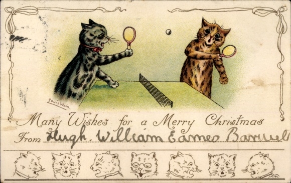 Künstler Ak Wain, L., Glückwunsch Weihnachten, Katzen spielen Tischtennis