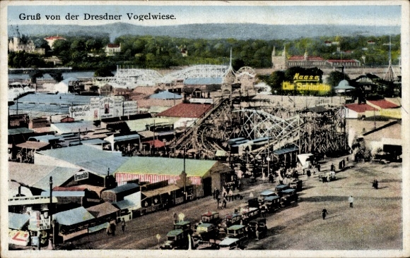 Postcard Dresden Schönfeld Weißig, Greetings from the Dresden Vogelwiese, funfair, rides