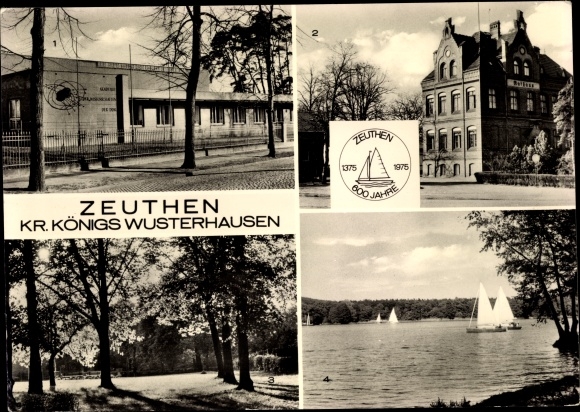 Postcard Zeuthen in der Mark, Academy of Sciences, City Hall, Philipp-Müller-Platz, Zeuthener See