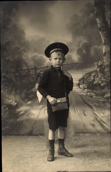 Photo Postcard Gliwice Gleiwitz Upper Silesia, boy with school bag, sailor hat, 1st day of school