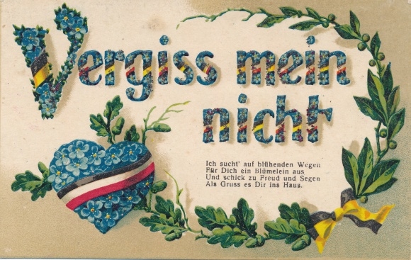 Embossed Chromo-Litho forget me not, laurel, oak leaves