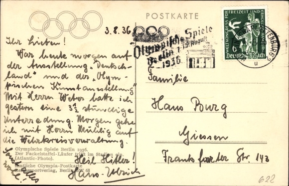 PC Berlin Charlottenburg Westend, Olympic Games 1936, torch relay runner arrives in the stadium