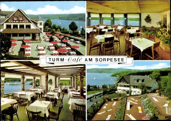 Postcard Sundern in the Hochsauerlandkreis, Turm Café at Sorpesee, exterior and interior view, mini golf course