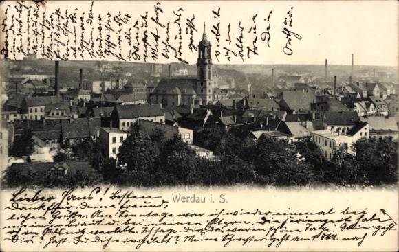 Postcard Werdau in Saxony, city view, church tower, factories, houses, trees