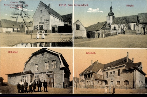 Ak Nemsdorf Göhrendorf Saalekreis, Verschillende aanzichten: Kerk, treinstation, herberg, gebouwen