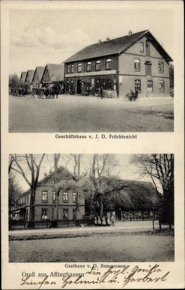 Postcard Affinghausen in Lower Saxony, commercial building JD fruits not, inn D. Bensemann