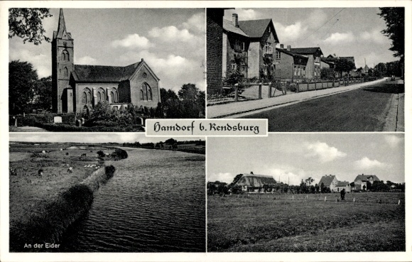 Ak Hamdorf in Sleeswijk-Holstein, kerk, straatmening, Eider