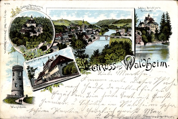Litho Waldheim in Mittelsachsen, Wachtturm, Schloss Kriebstein, Kgl. Strafanstalt, Stadtpanorama