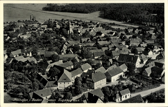 Ak Stollhofen Rheinmünster am Rhein, Luftaufnahme, Stadtansicht, viele Gebäude, Bäume