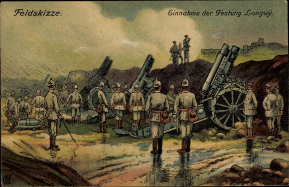 Artist PC Capture of Longwy Fortress, August 1914, German soldiers, guns, WWI