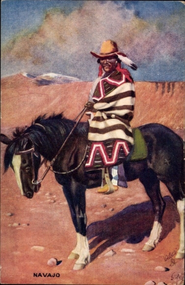 Künstler Ak Nordamerikanische Volkstypen, Mann zu Pferde, Navajo