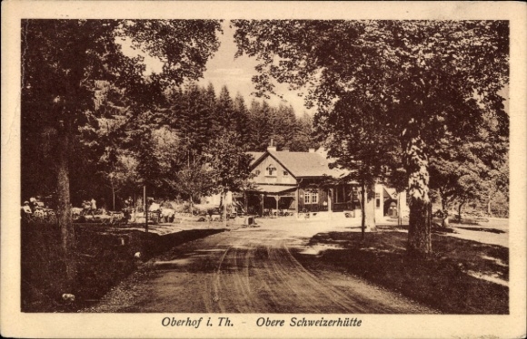 Postcard Oberhof in the Thuringian Forest, Obere Schweizerhütte, forest, street view