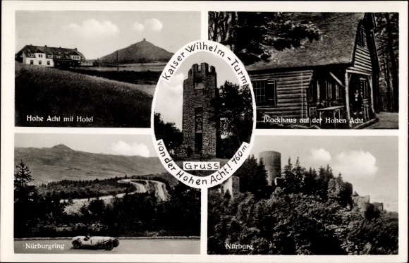 Postcard Adenau in the Eifel, Hohe Acht with hotel, Nürburgring, Kaiser Wilhelm tower