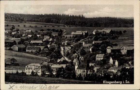 Postcard Klingenberg in the Ore Mountains of Saxony, landscape photograph, houses, trees, fields