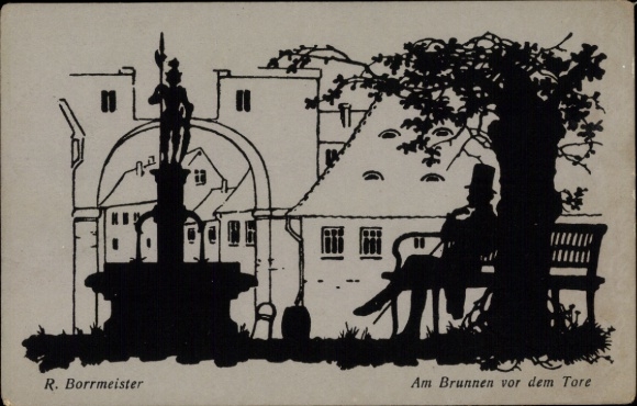 Paper cutting artist Postcard Borrmeister, R., At the fountain in front of the gate