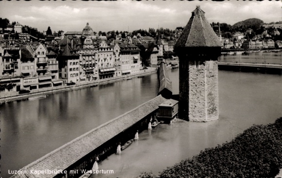 Postcard Lucerne City Switzerland, Chapel Bridge with Water Tower