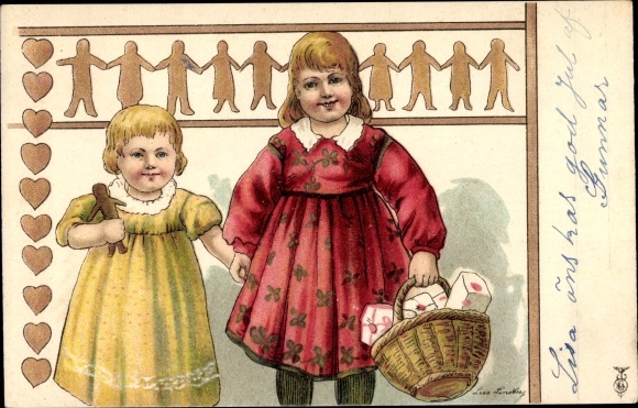 Artist Chromo-Litho Lindberg, Lisa, Two girls with gingerbread and basket with gifts