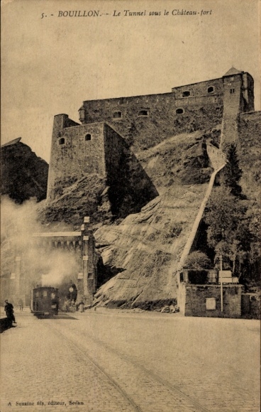 Postcard Bouillon Wallonia Luxembourg, tunnel under the castle, fortress, tram,