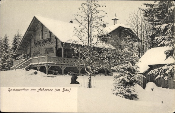 Ak Bayerisch Eisenstein im Kreis Regen Niederbayern, Restauration am Arbersee, Winteransicht, im Bau