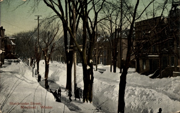KP Montreal Québec Kanada, Sherbrooke Street, zima, śnieg, zimowy krajobraz, spacerowicze