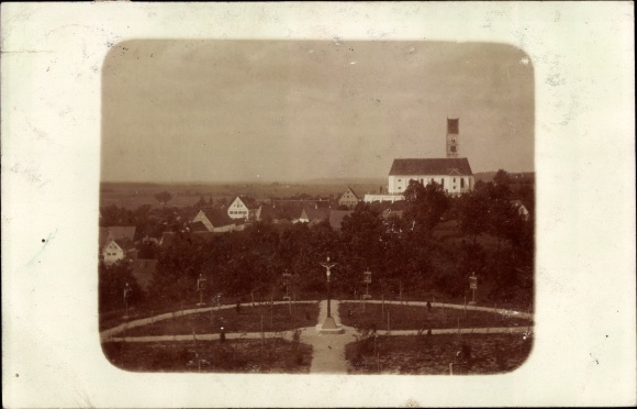 foto ansichtkaart Schondorf am Ammersee Oberbayern ?, stadsgezicht, calvarieberg, kerk