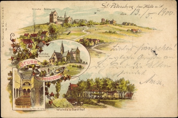 Litho Petersberg Saalekreis, Kirche, Innenansicht, Wehde's Gasthof
