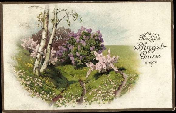 PC Congratulations Whitsun, landscape with birches and lilac bush