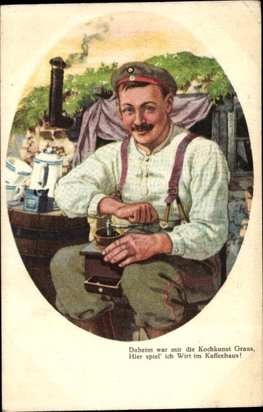 Postcard soldier with coffee grinder in the shelter, coffee house, soldier humor, I. WK