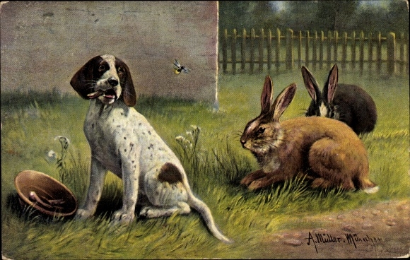 Artist PC Müller, A., Dog and two rabbits in a meadow