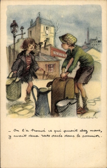 Artist Postcard Poulbot, Francisque, Boy at the Water Pump, Girl with a Bucket