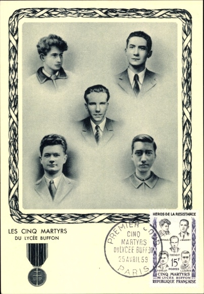 Maximum Postcard The Order of the Nation, the Five Martyrs of the Lycee Buffon, Arthus, Baudry, Benoit, Grelot