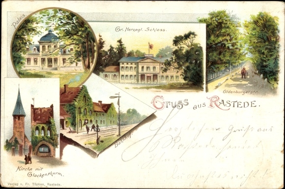 Litho Rastede in Oldenburg, Großherzogliches Schloss, Oldenburger Straße, Bahnhof, Kirche, Palais