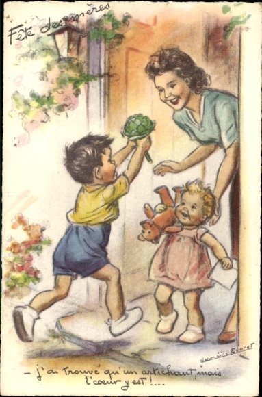 Artysta KP Bouret, Germaine, Dzień Matki, Fete des meres, chłopiec, karczoch, dziewczynka z misiem