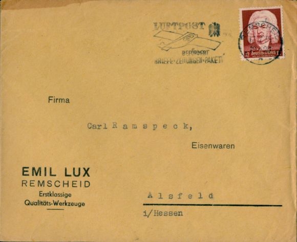 Envelope Emil Lux Remscheid, tool factory, Lux steel wrench