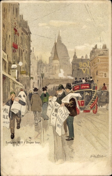 KP artystyczna przedstawiająca London City, katedrę św. Pawła i wzgórze Ludgate, Paper Boy