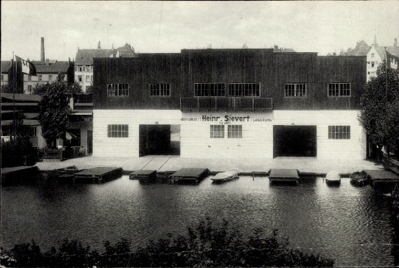 Postcard Hamburg Nord Winterhude, Heinr. Sievert boatyard, Possmoorweg on the Goldbek Canal