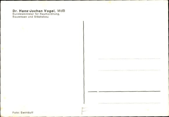 Photo Dr. Hans Jochen Vogel, Federal Minister of Justice, portrait, autograph
