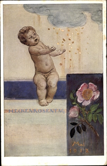 Artist postal stationery PC Kaulbach, Friedrich, August, Heckenrosentag May 1912, Putte, rain of money