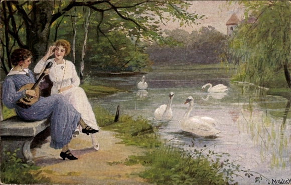 Artist Postcard Mailick, Couple at the Swan Pond