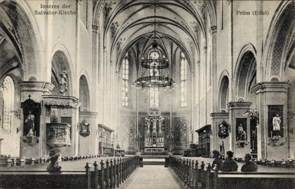 Postcard Prüm in the Eifel, interior of the Salvator Church, church interior, benches, altar scene