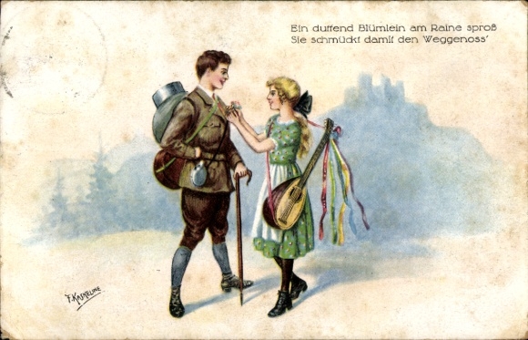 Artist Postcard Kaskeline F., A fragrant little flower sprouted on the edge, she decorates the companion with it