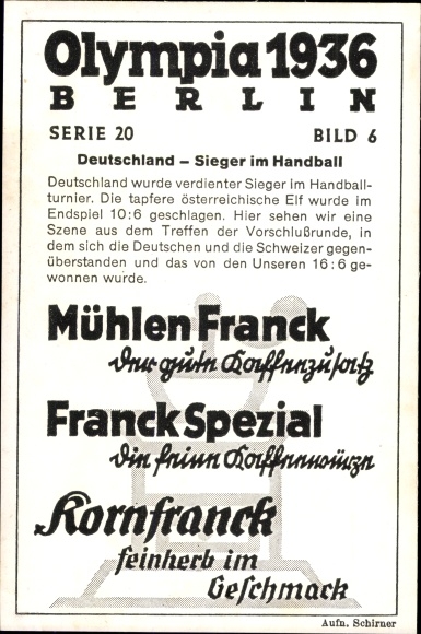 Collection picture Olympia 1936, handball, Germany Switzerland, Mühlen Franck coffee additive