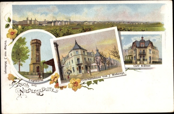 Chromo-Litho Dresden Ost Niedersedlitz, panorama, Lugturm, commercial building v. J. Mohaupt, Cafe Kuehne